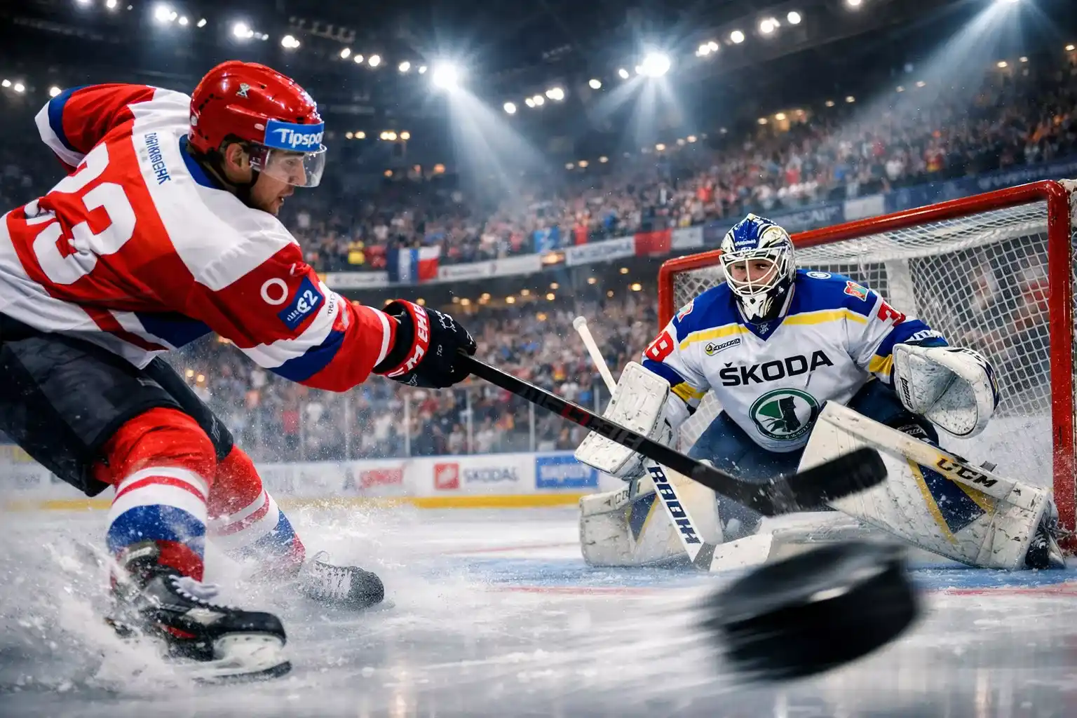 Hokejový zápas extraligy v plném proudu s dynamickou akcí na ledě