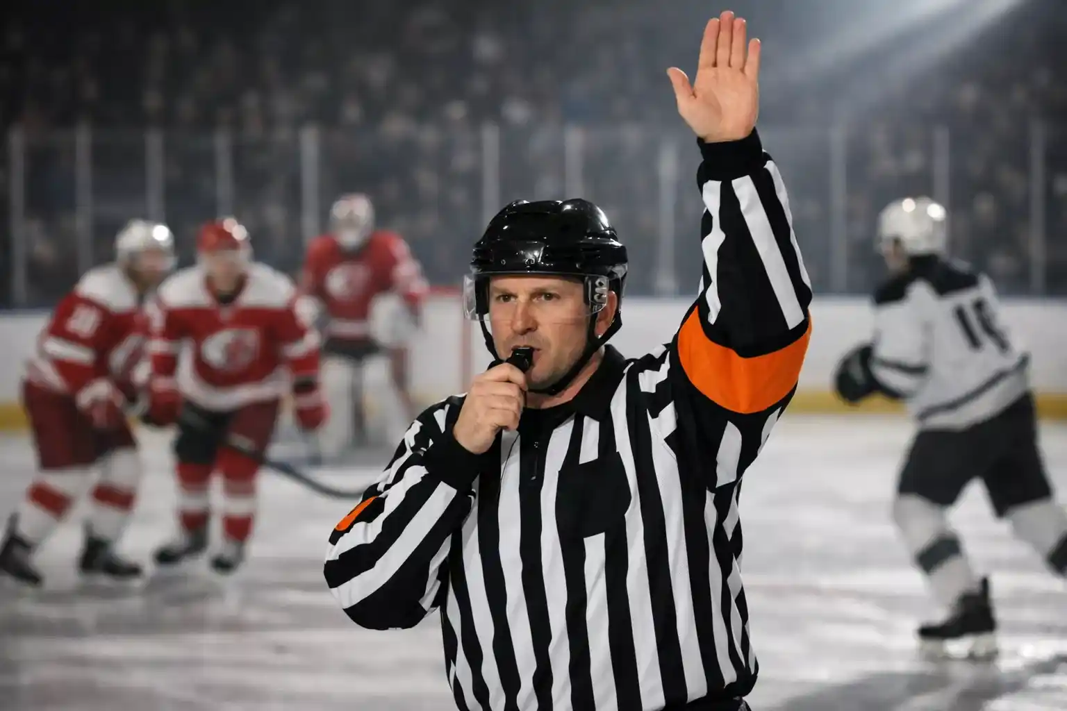Rozhodč&iacute; signalizuj&iacute;c&iacute; vyloučen&iacute; během hokejov&eacute;ho z&aacute;pasu extraligy