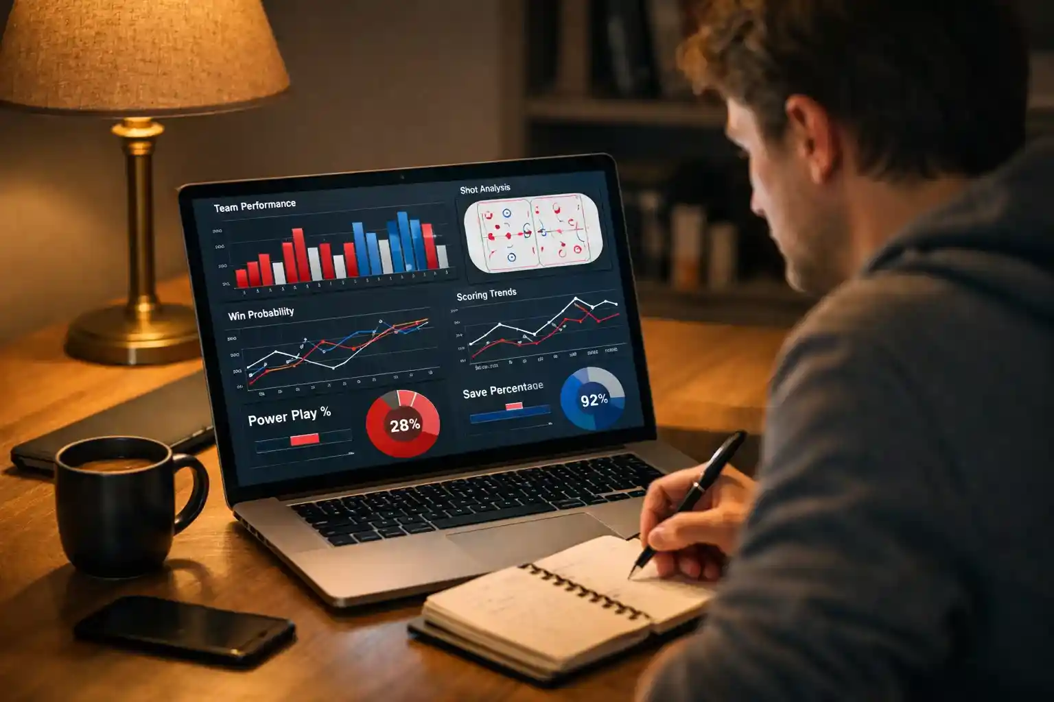 Analytik studuj&iacute;c&iacute; statistiky a strategie pro s&aacute;zen&iacute; na hokejov&eacute; play off