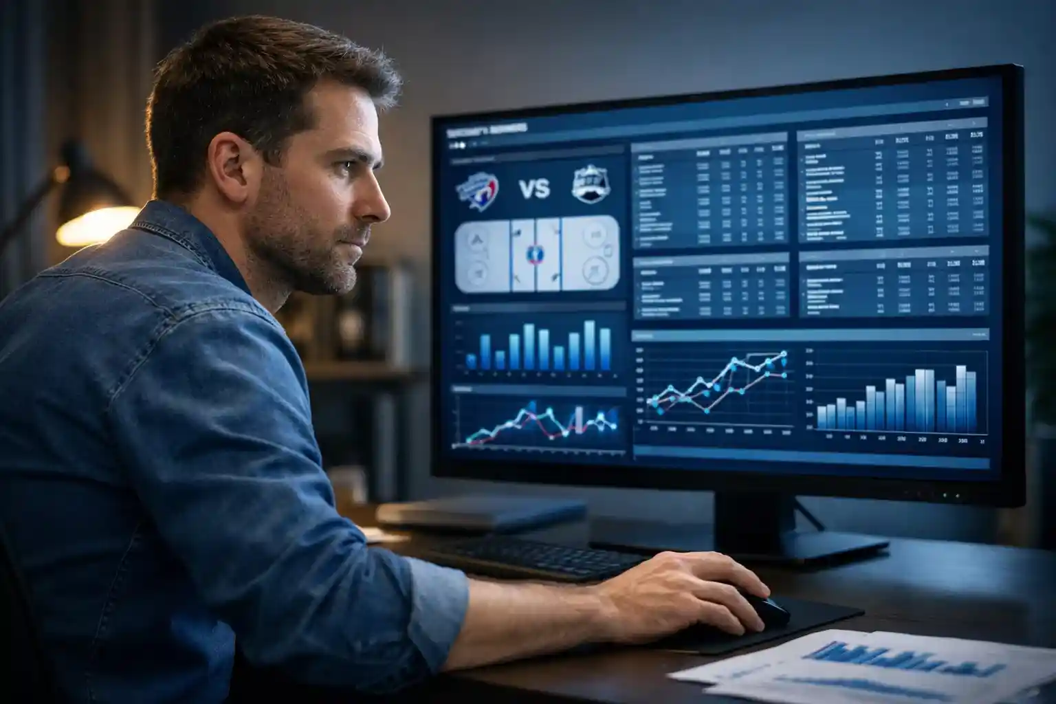 Analytik studující hokejové statistiky extraligy na monitoru