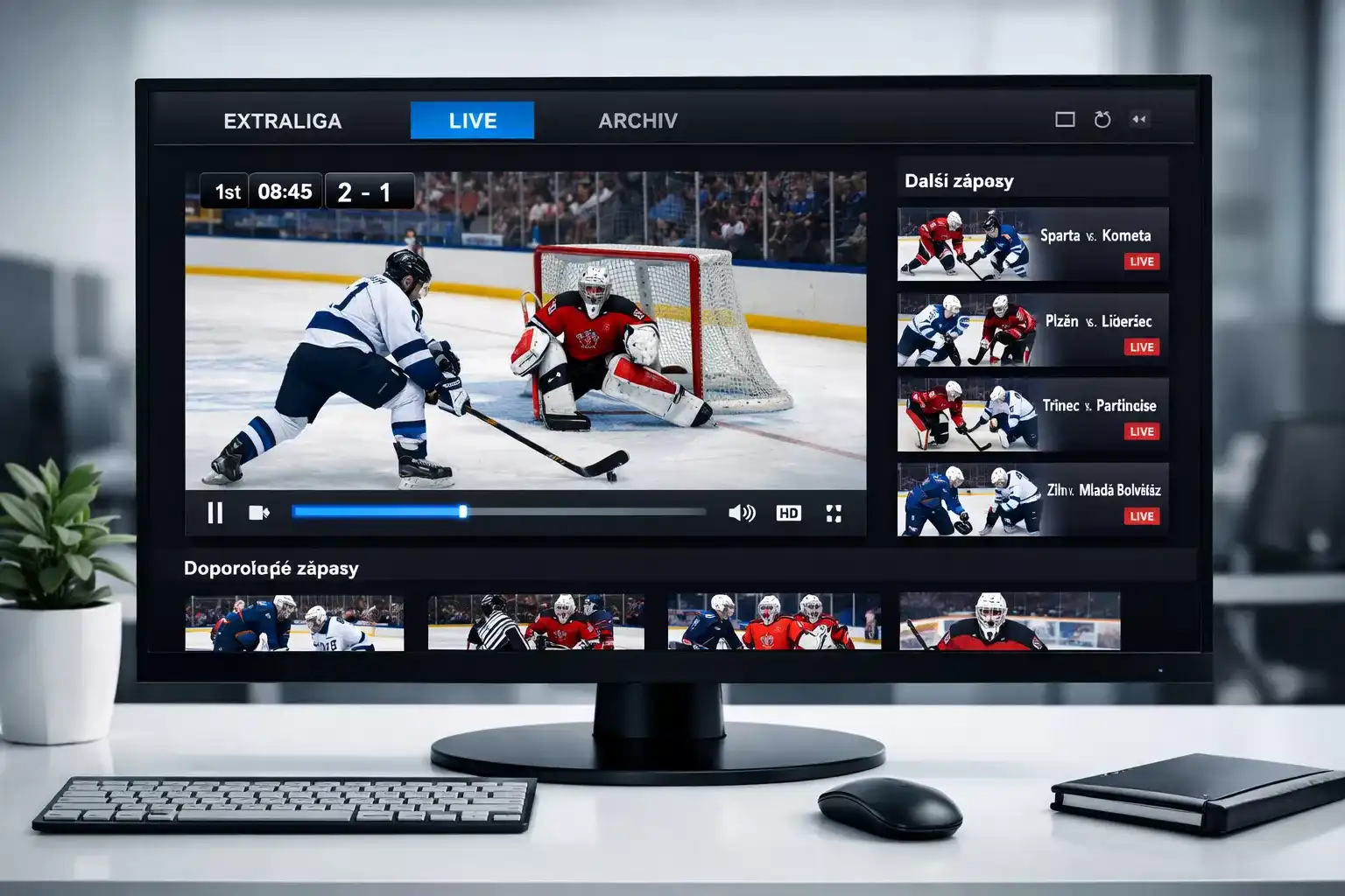 Rozhraní streamovací platformy Oneplay Sport s hokejovým přenosem
