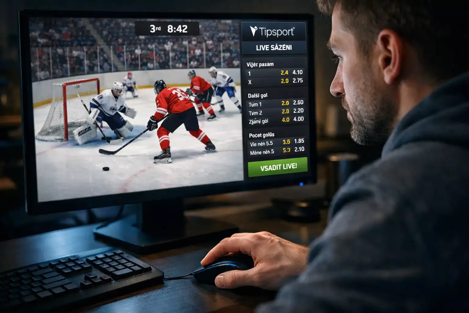 Sázkař sledující hokejový zápas na Tipsport TV s live kurzy